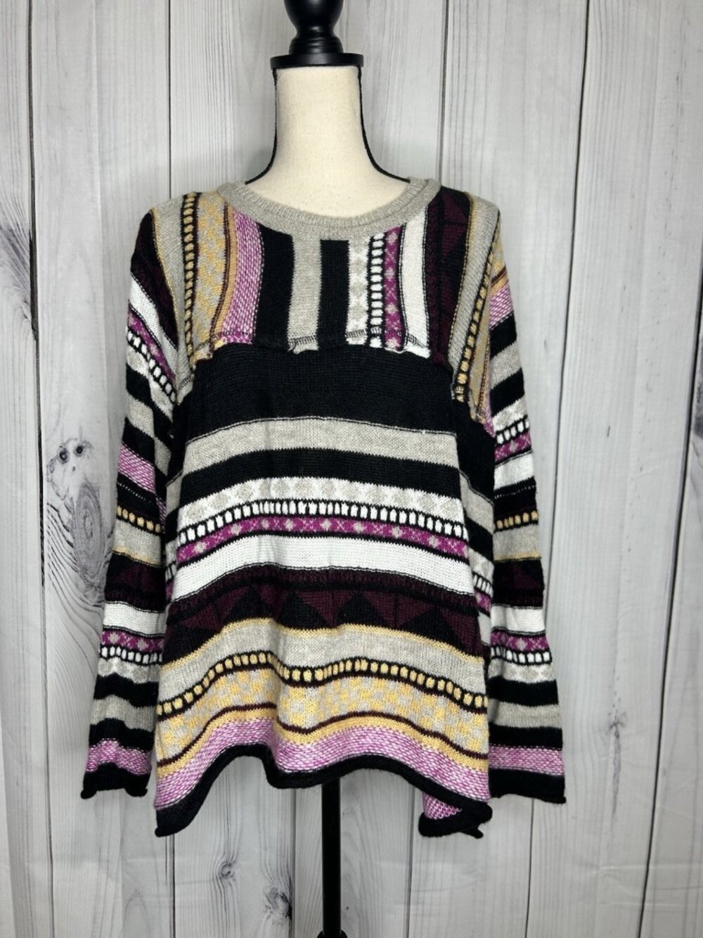 Easel Mix Print Striped Wool Blend Slouchy Sweater Crew Neck Boho Sz M